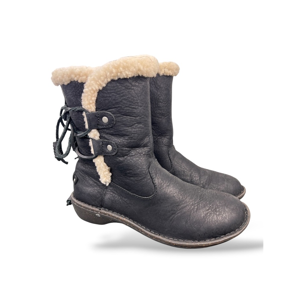 UGG Simmens Black Leather Shearling Lined Winter Boots 1007760 Womens 8